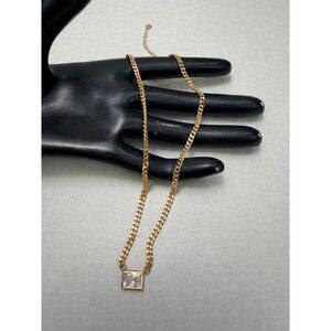 Gold Tone Cuban Chain Necklace Square Clear Zirconia Pendant Statement